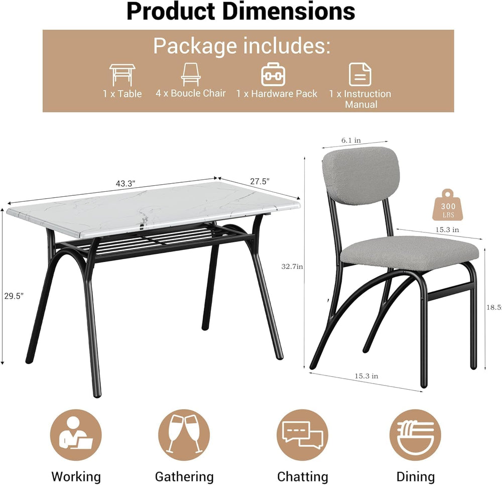 5-Piece Dining Table Set for 4, Modern Kitchen Table with 4 Boucle Chairs, Re...