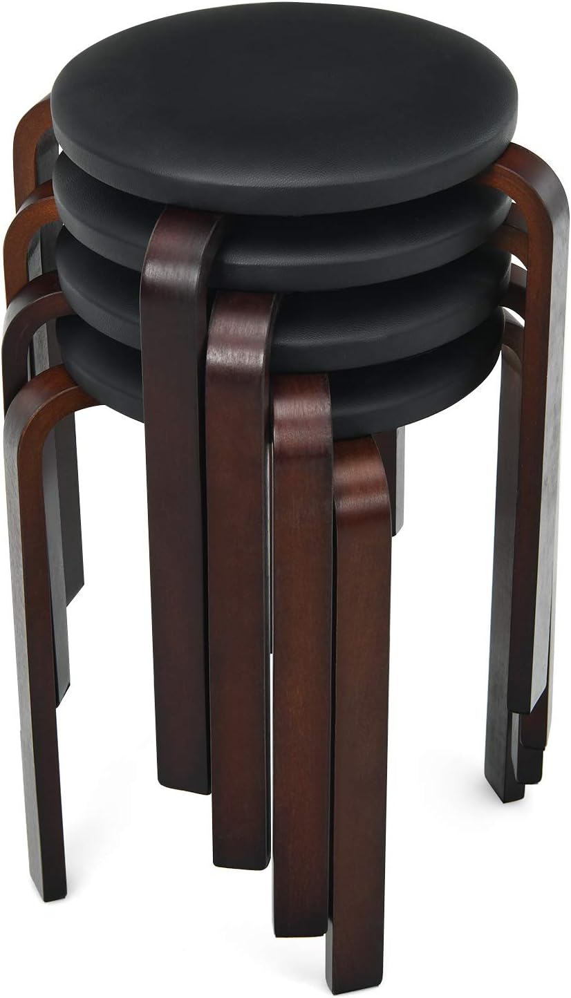 Round Wooden Stools, 4 Sets Stackable Wood Bar stools w/Cushioned Seat, Non-S...