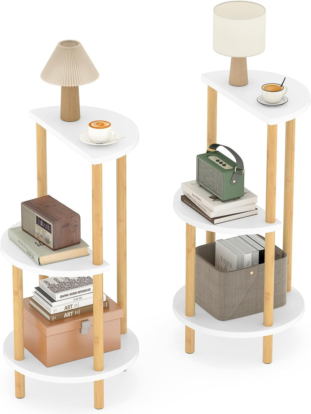 Giantex Bamboo Round Side Table Set of 2, 3-Tier Circular End Tables with Sto...