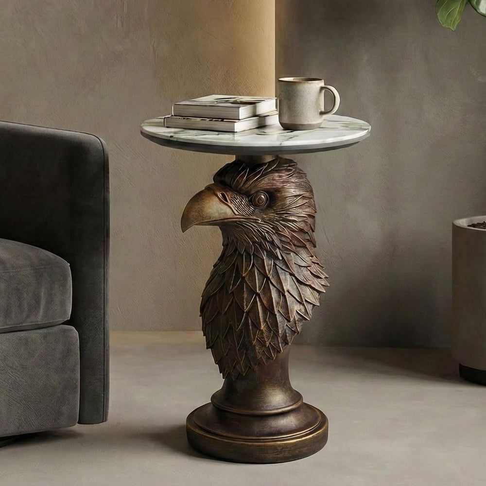 Eagle Head Accent Side Table - End Table with Faux Marble Top Unique Eagle St...