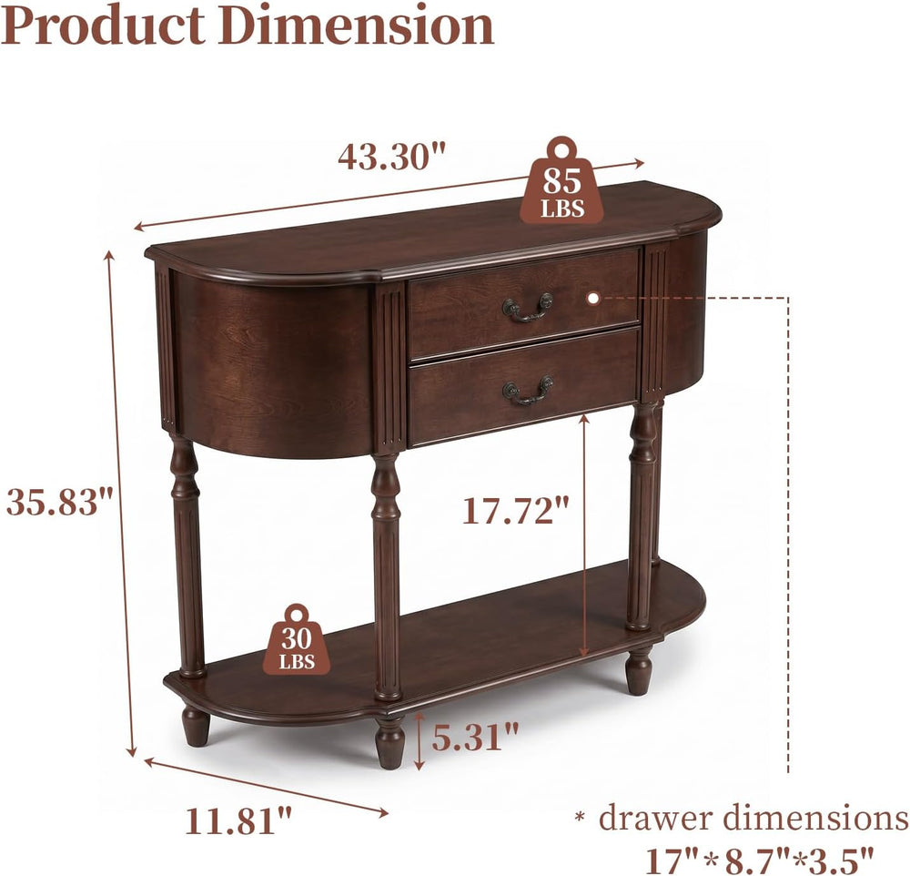 LKTART 43.3" Solid Wood Vintage Curved Console Table, Half Moon Sofa Tab...