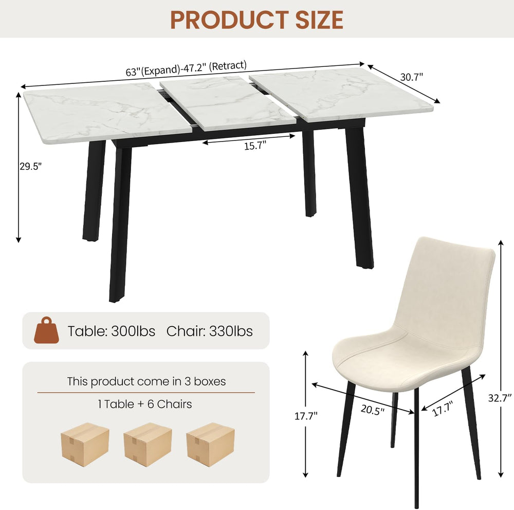 47.2"-63" Extendable Dining Room Table Set for 4-8 People, White | ...