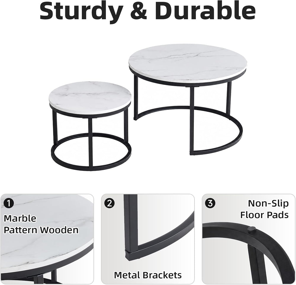 Nesting Coffee Table White Marble Pattern Wooden with Black Frame | 31.49&quo...