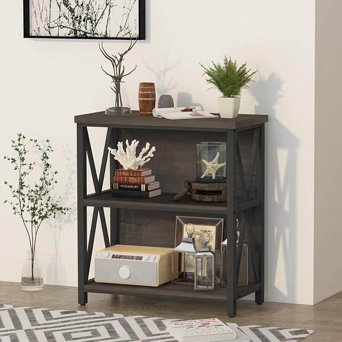 FATORRI Rustic Small 3 Shelf Bookshelf for Living Room, Industrial Low Wood B...