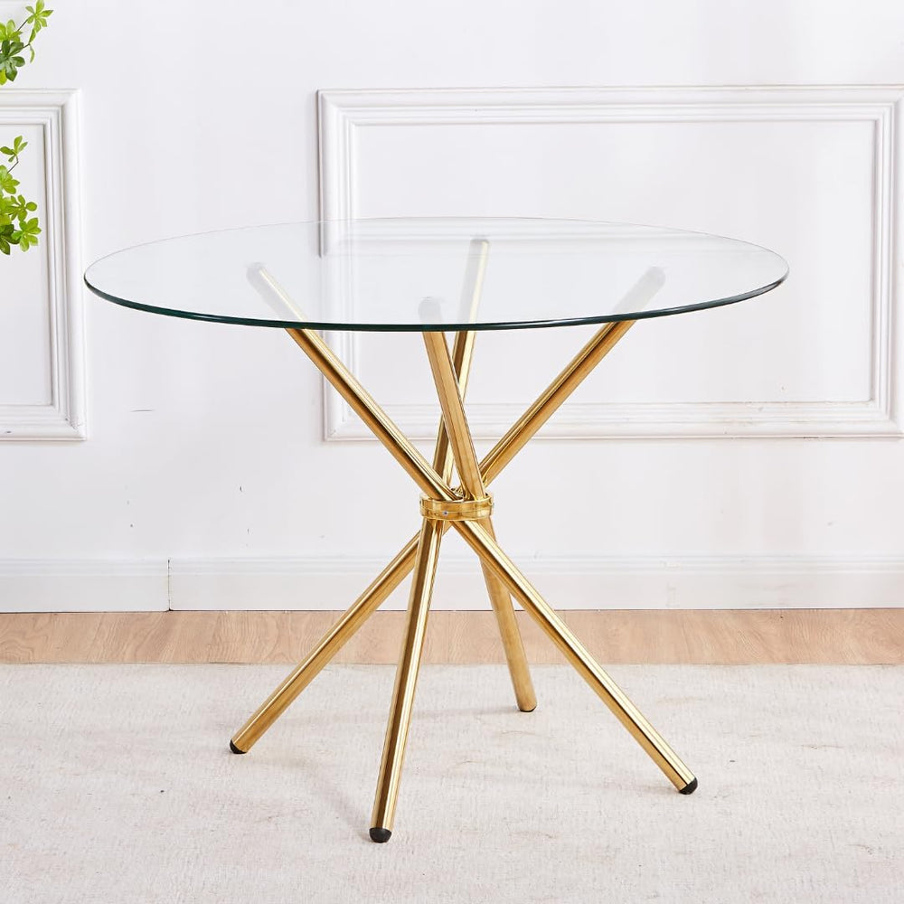 Round Glass Dining Table with Gold Criss Cross Legs, 39.5 Inch Modern Gold Ki...