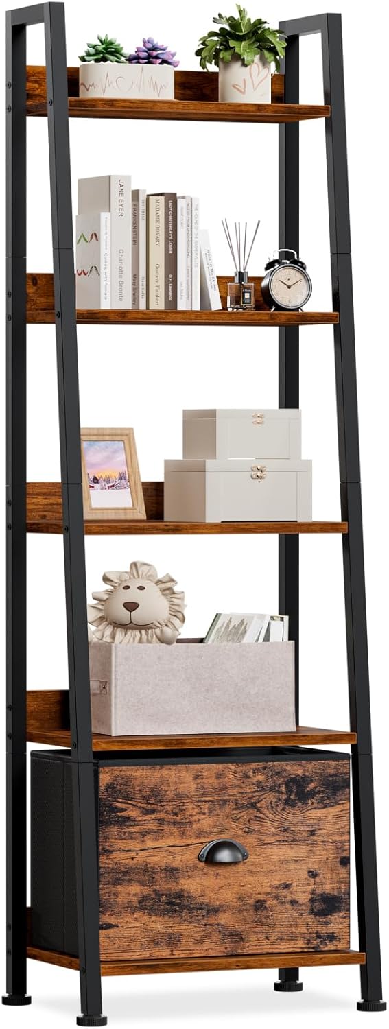 Furologee 5-Tier Ladder Shelf, Ladder Bookshelf with Removable Drawer, Rustic...