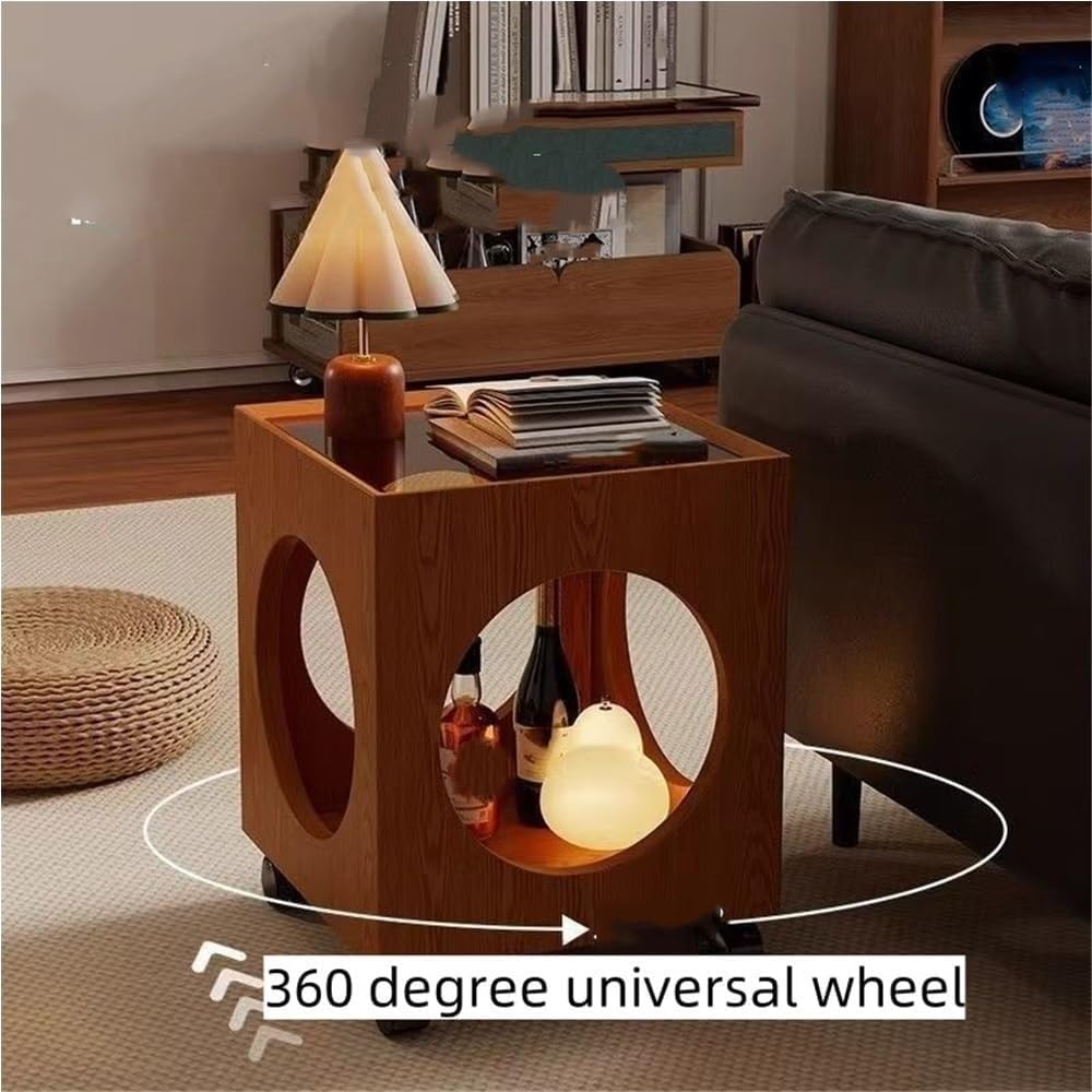 Vintage Rolling Side Table with Glass Top Wood Square Coffee Table 360° Wheel...