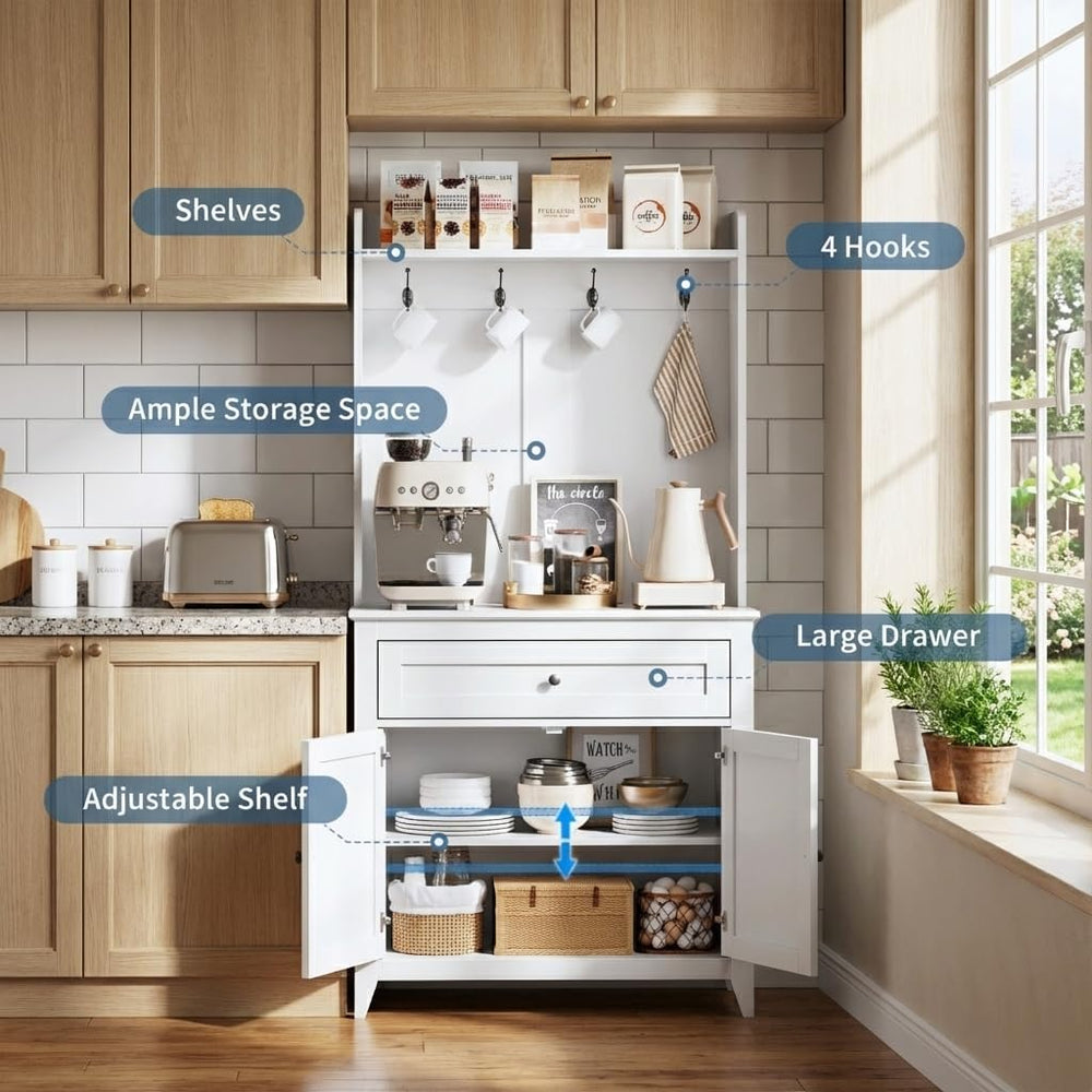 Garvee Pantry Cabinet with 4 Hooks, Kitchen Pantry Cabinet, Coffee Bar Table ...