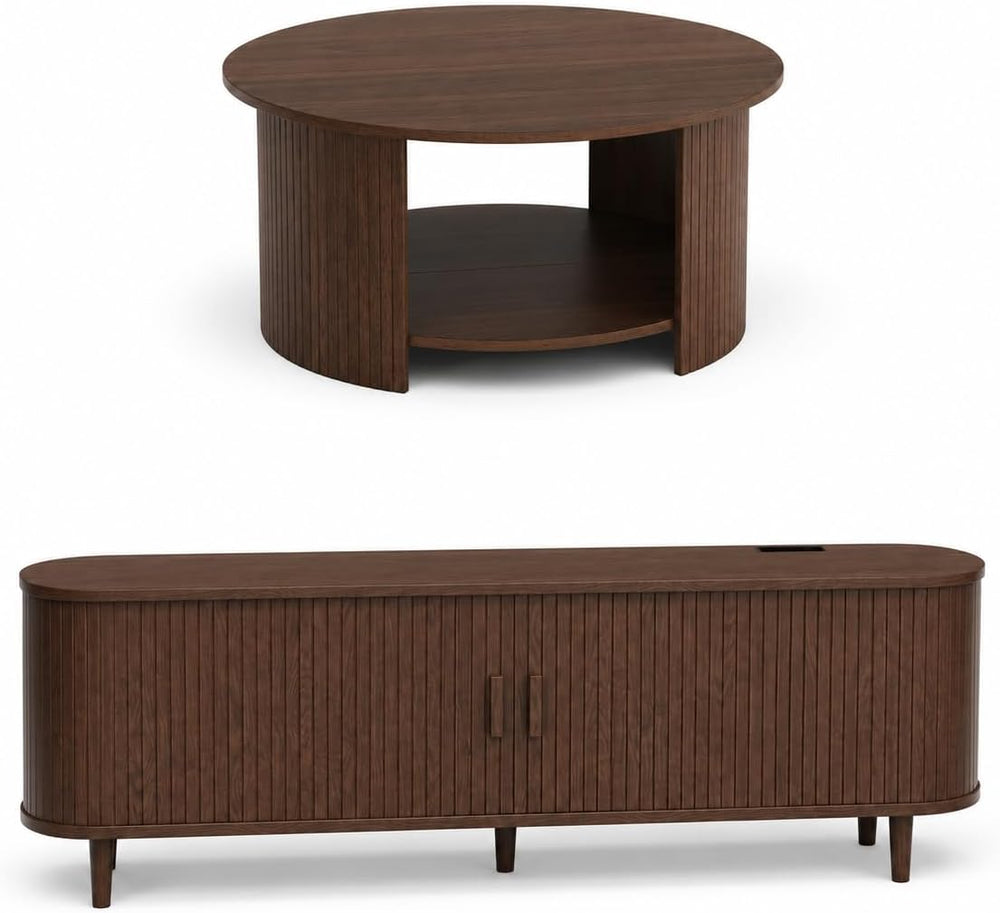 Living Room Table Set of 2, 65" Mid Century Modern TV Stand with Power O...