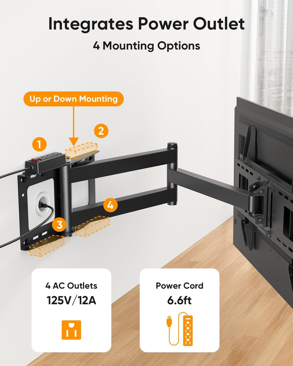 FORGING MOUNT Long Arm TV Wall Mount with Power Strip for 42–80 inch TVs | Fu...
