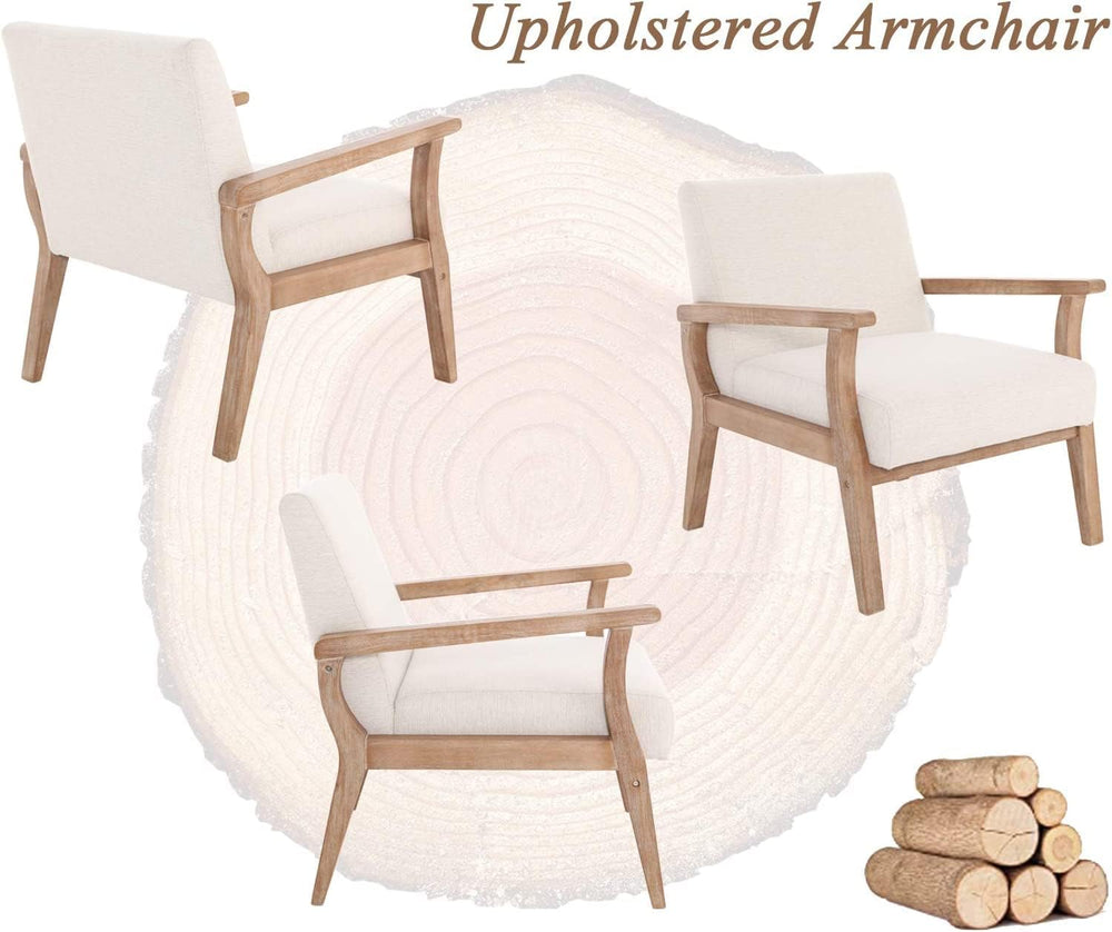 Mid Century Modern Accent Chair Set of 2 Beige Linen Armchair
