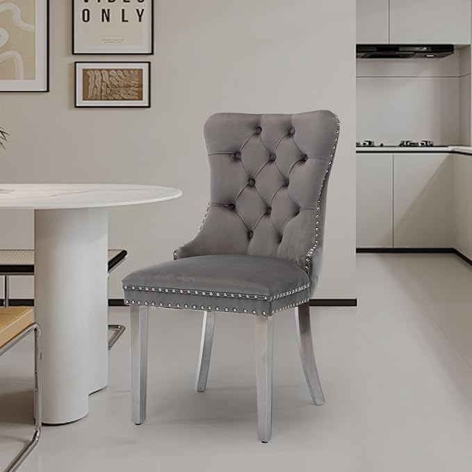 Velvet Upholstered Dining Chairs Set of 2, Modern Style Kitchen Side Chairs w...