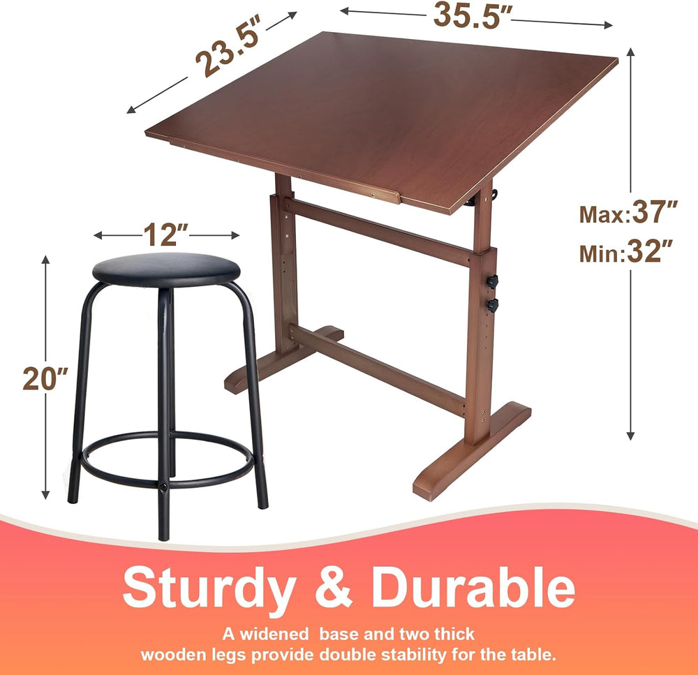 Falling in Art 30" x 42" Wooden Drafting Table and Stool Set, Walnu...