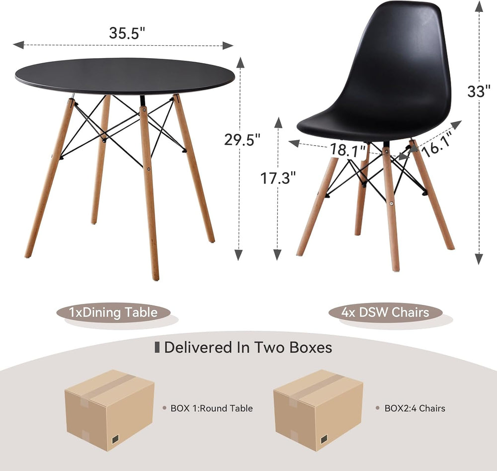 5-Piece Round Dining Set, 35.5" Black Table Chairs Set of 4 | Kitchen Ta...
