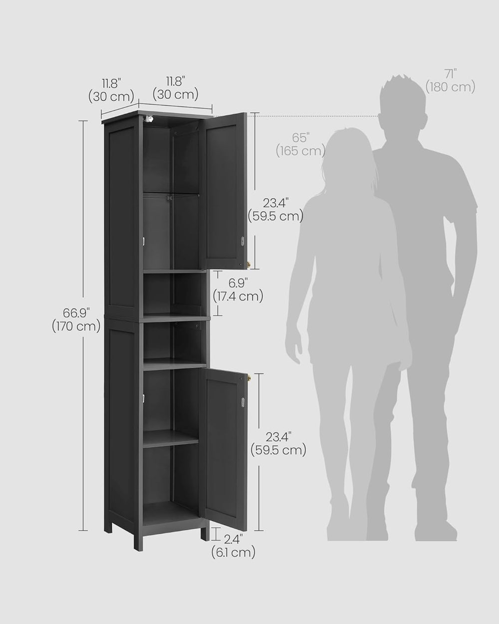 VASAGLE Tall Storage Cabinet with Lights, Slim Freestanding Cabinet with Adju...