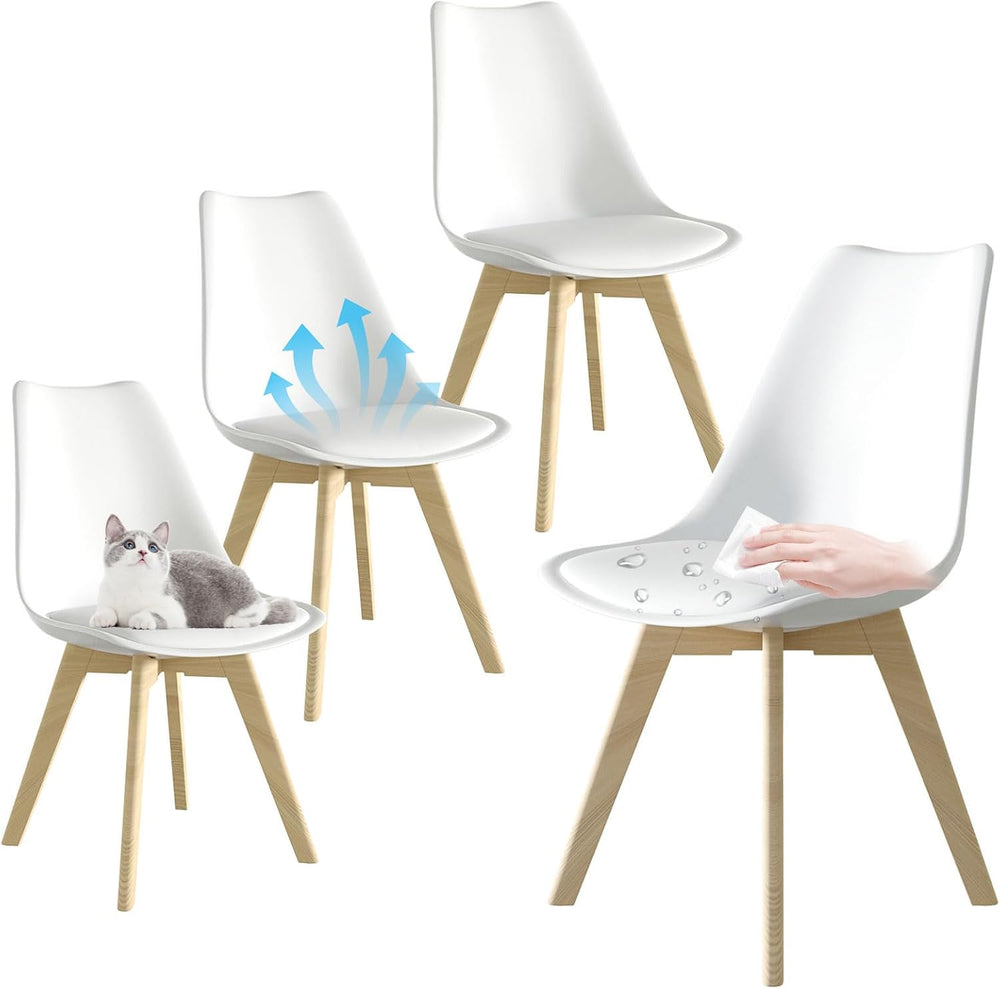 Dining Chairs Set of 4, Modern Leather Kitchen Chairs with Wood Legs | White ...