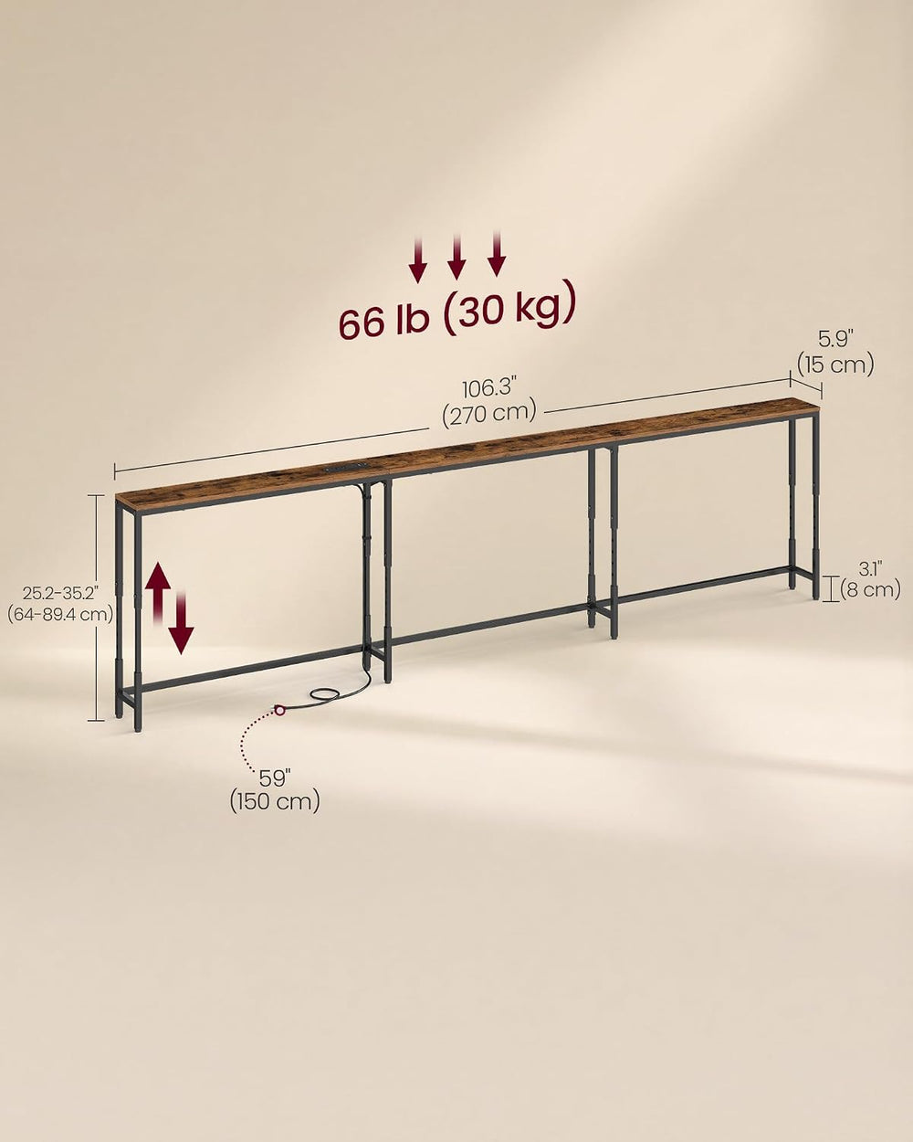 VASAGLE 106.3"Console Table, 25.2-35.2"Height Adjustable, with Powe...