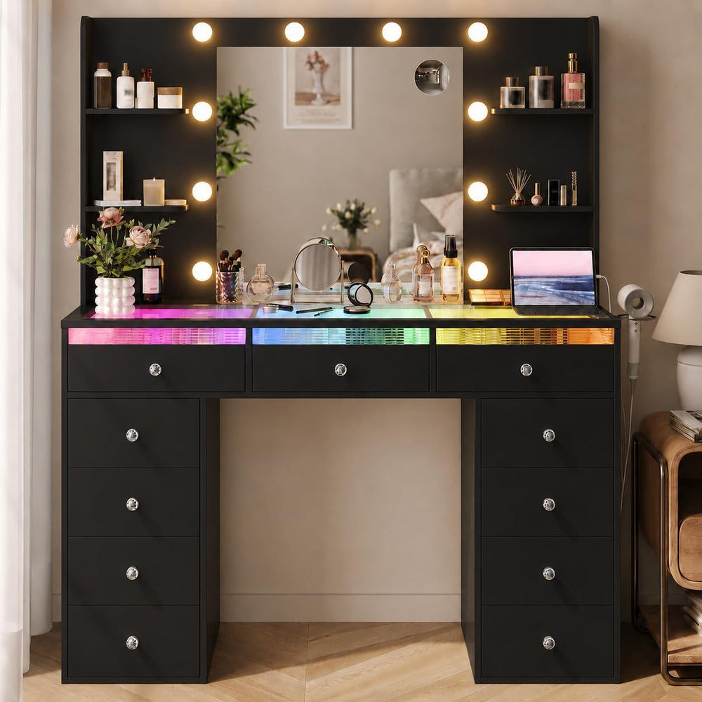 IFSEB Makeup Vanity Desk with Lights, Black Vanity Glass Top, 23.5'' ...