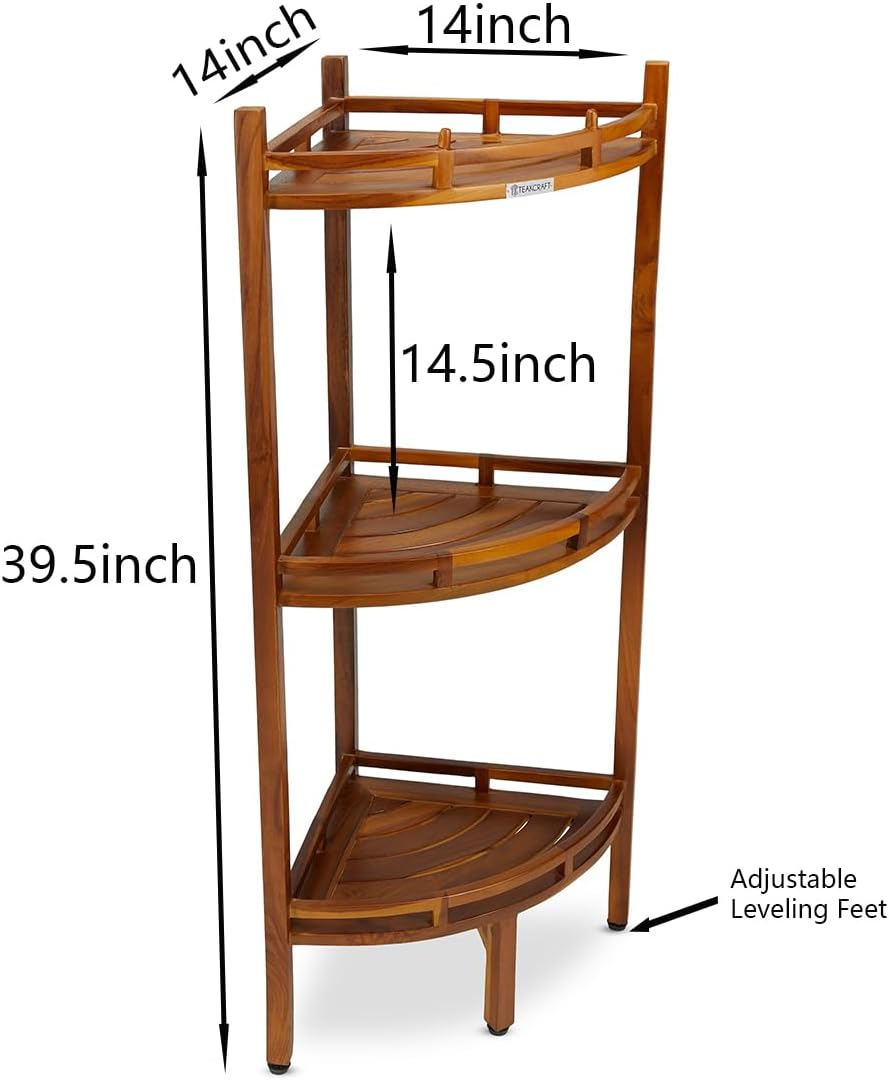 Teak Corner Shower Shelf, 3 Tier, 14Wx14Lx39.5H inches, Fully Assembled, The OM