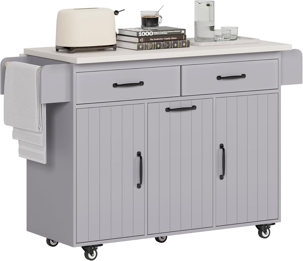 51" Rolling Kitchen Island with Tilt-Out Trash Cabinet & Drop Leaf |...