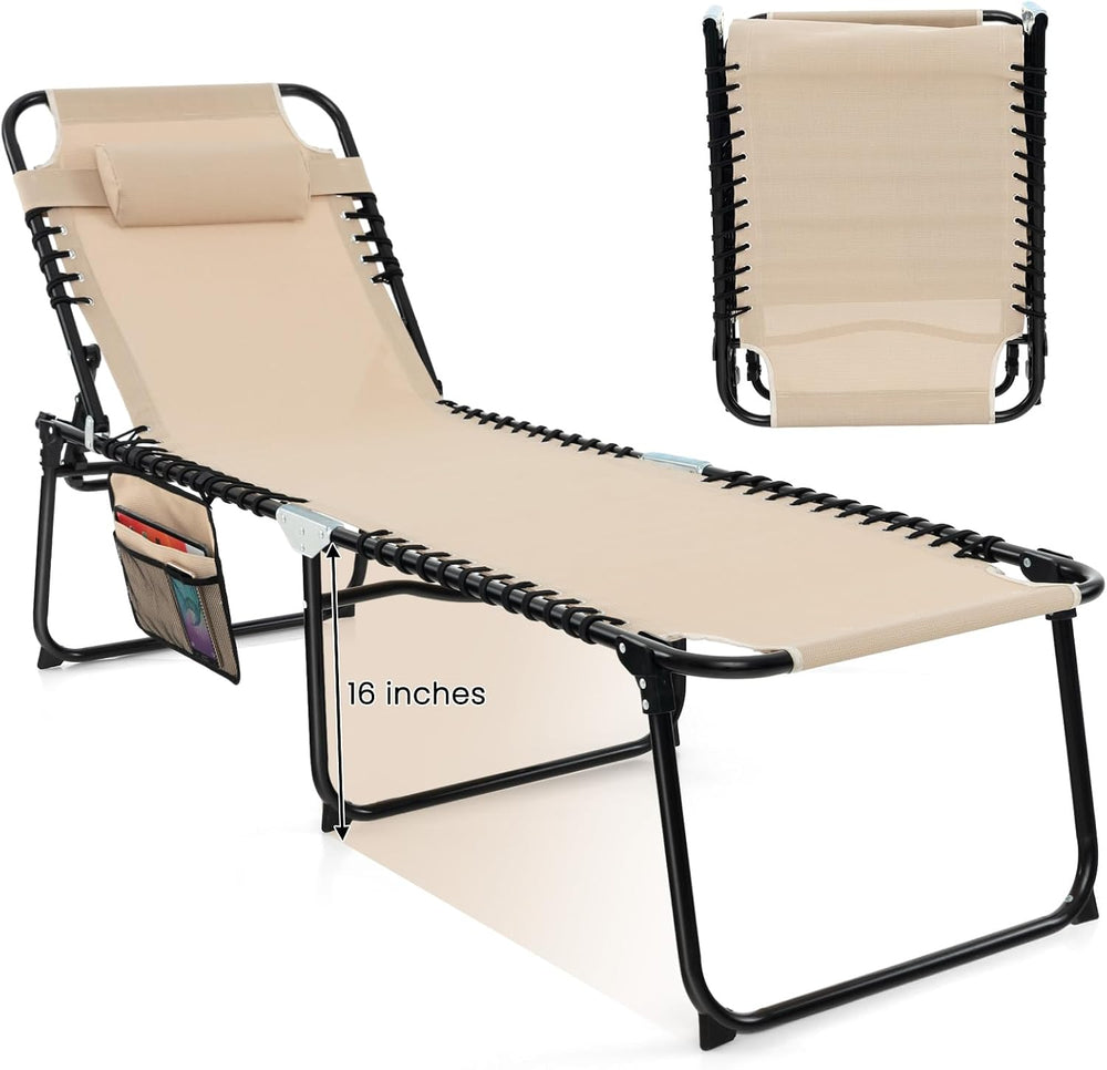 GYMAX Lounge Chairs for Outside, Extra High Folding Beach Tanning Lounger wit...