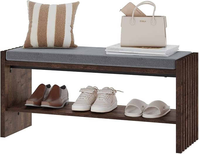 BON AUGURE Entryway Bench with Shoe Storage, 2-Tier Shoe Rack Bench with Cush...