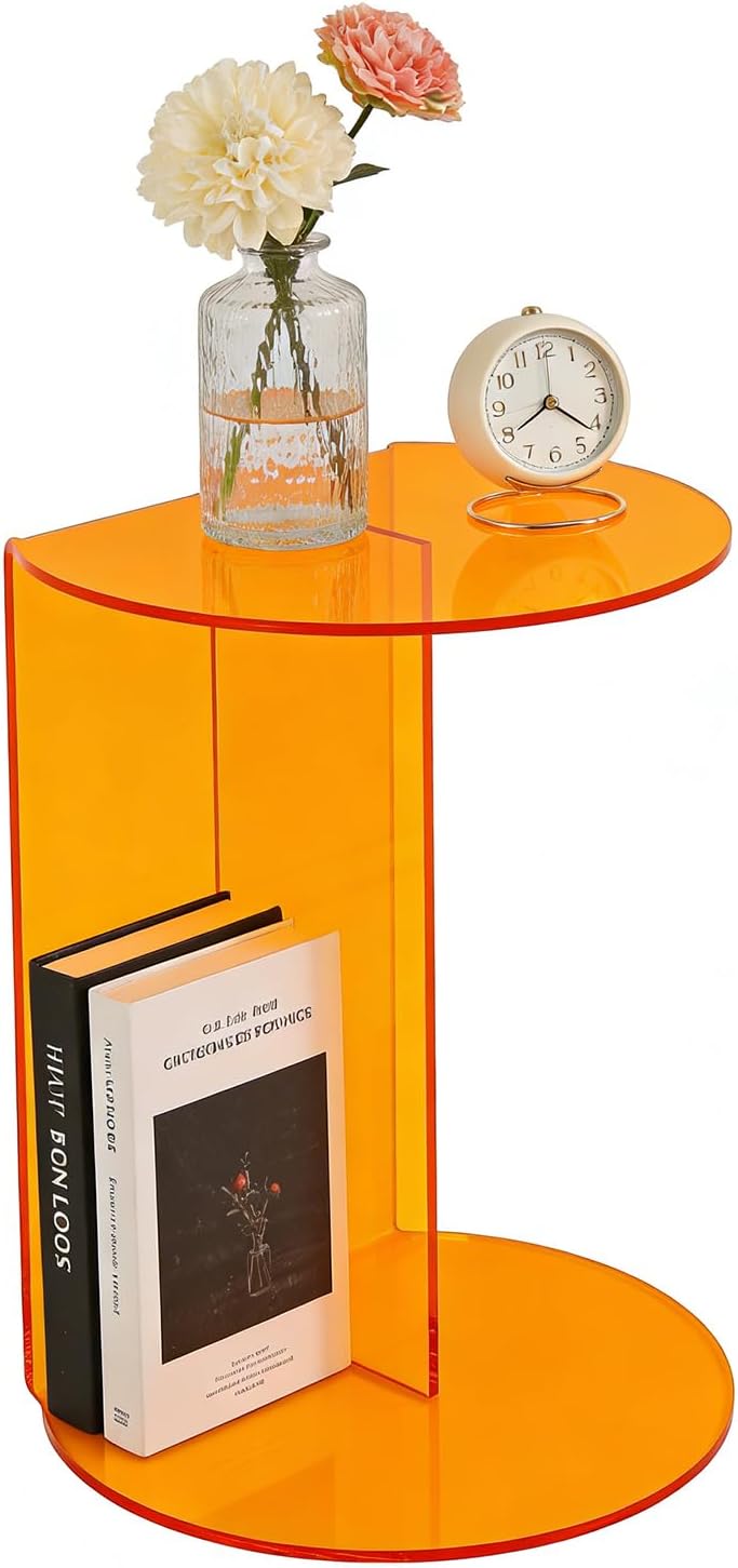 Side Table, Acrylic End Table with Storage Shelf, Floorstanding Nightstand wi...