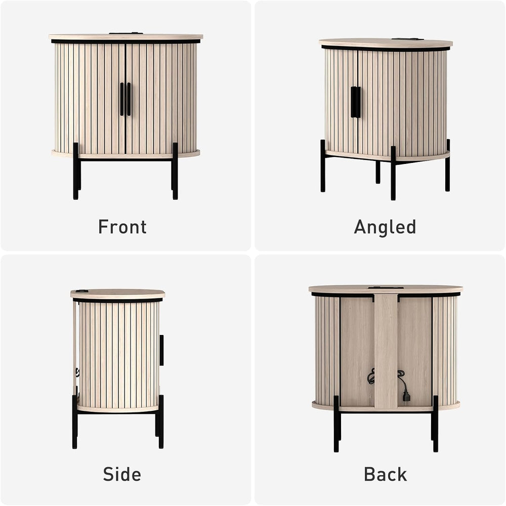 Bonzy Home Round Nightstand with Storage, Fluted Side Table with Charging Sta...