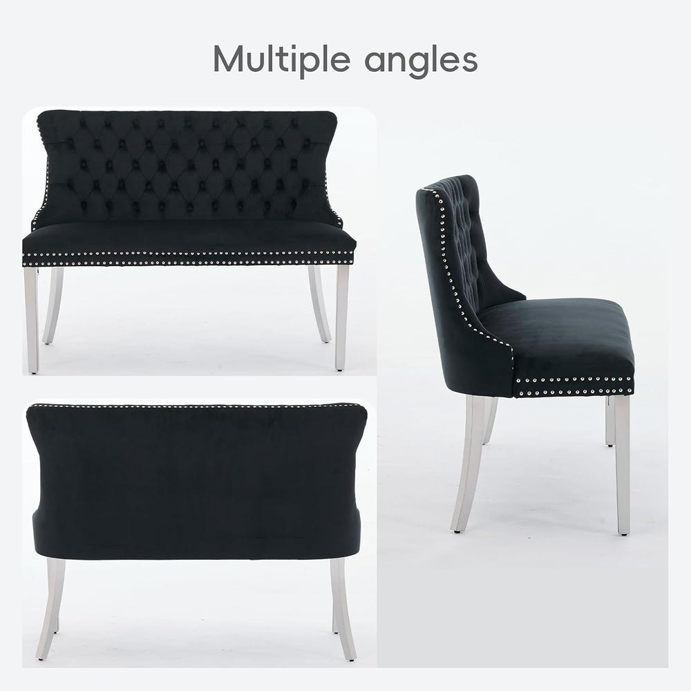 Black Velvet Dining Bench, Tufted Upholstered Dining Loveseat | Wing Back Sea...