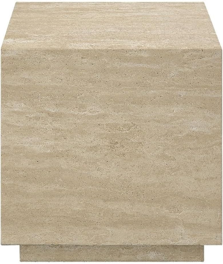 Acme Deon Contemporary Plywood and Travertine Square End Table in Natural Beige