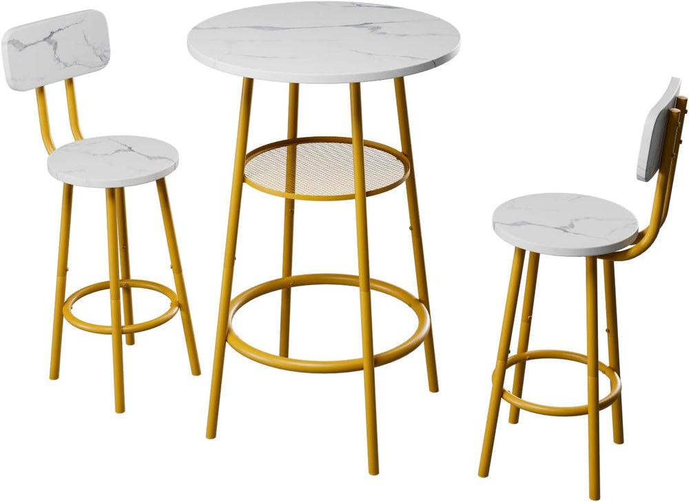 3 Pieces Round Bar Table Set, Small Dining Table for 2 Faux Marble Tabletop |...