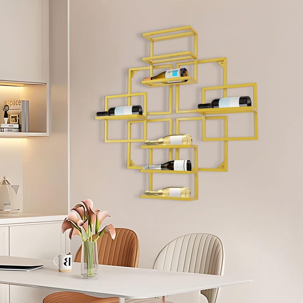 Modern Wall Mounted Wine Rack, Geometric Gold Steel Wine Storage Shelf with 8...
