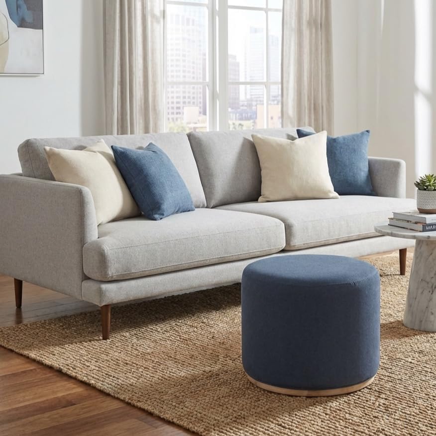 Spatial Order 22" Round Ottoman with Wooden Base - Blue Woven Fabric