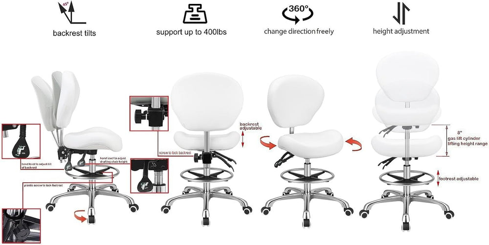 Kaleurrier Adjustable Stools Drafting Chair: with Back Support & Foot Rest