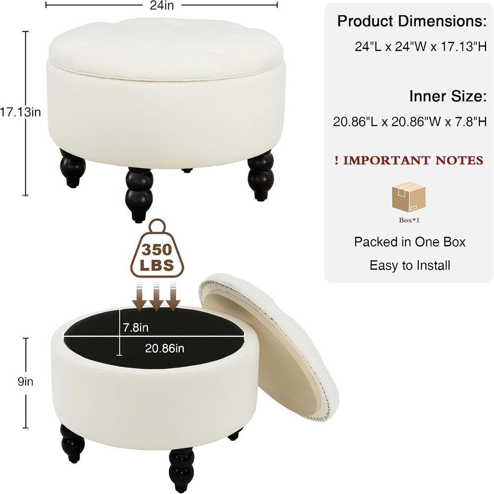 24 Inch Fabric Round Ottoman with Storage, Modern Upholstered Button Tufted O...
