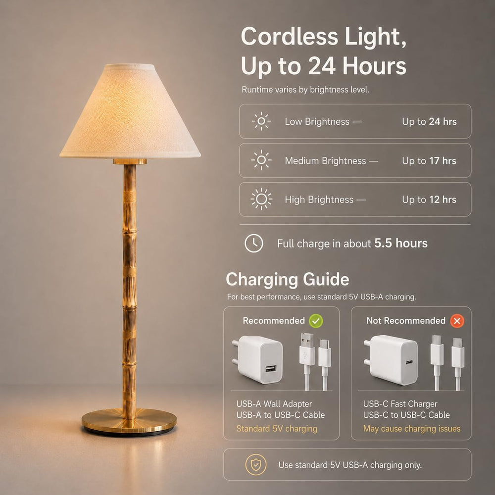 Bamboo Cordless LED Table Lamp – Rechargeable 24-Hour Battery, Dimmable Warm ...