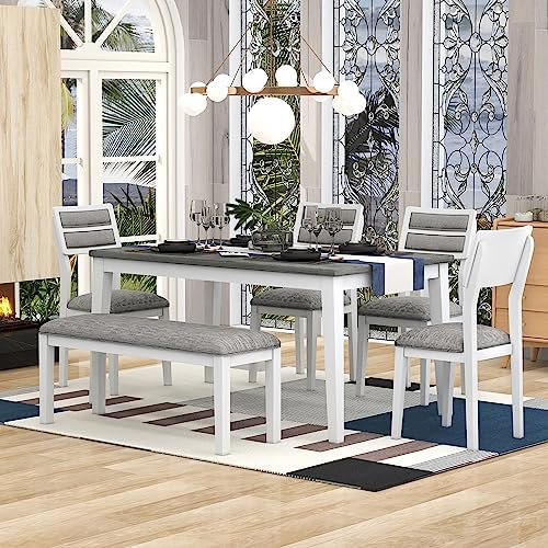 Merax 6-Pieces Solid Wood Dining Table Set for 6, Farmhouse Kitchen Room Tabl...