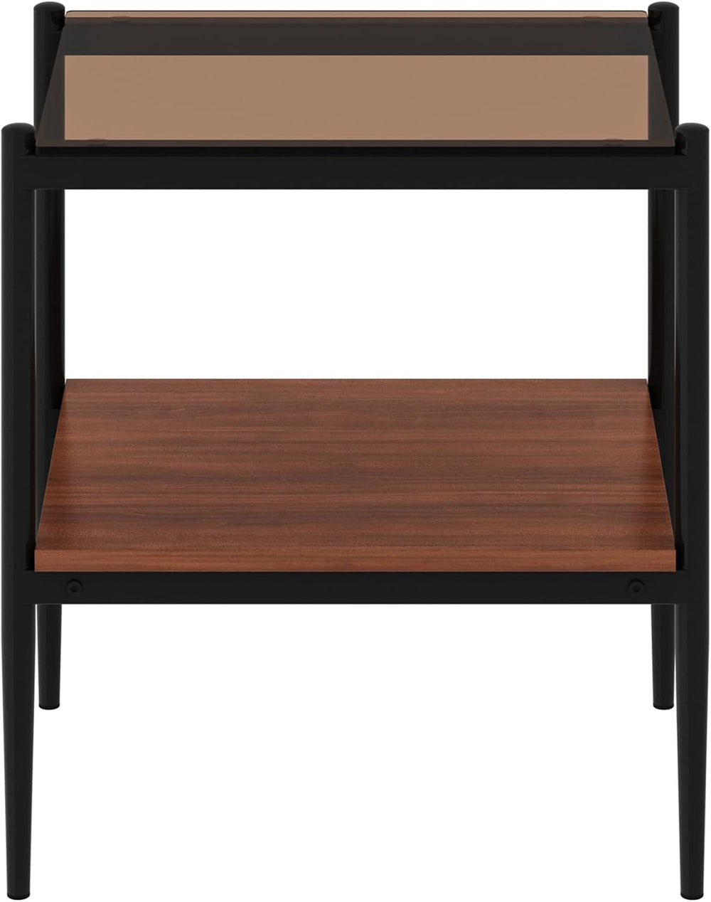 Set of 2 Rectangle End Tables, Tempered Glass Top, Brown | MDF shelf, iron le...