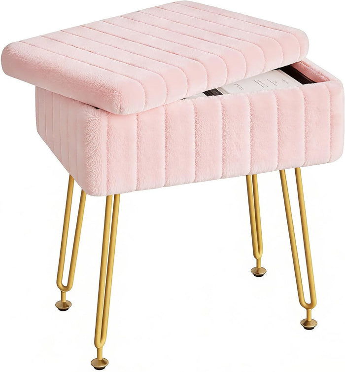 Somdot Vanity Stool Chair with Storage, Furry Padded Seat, Makeup Stool