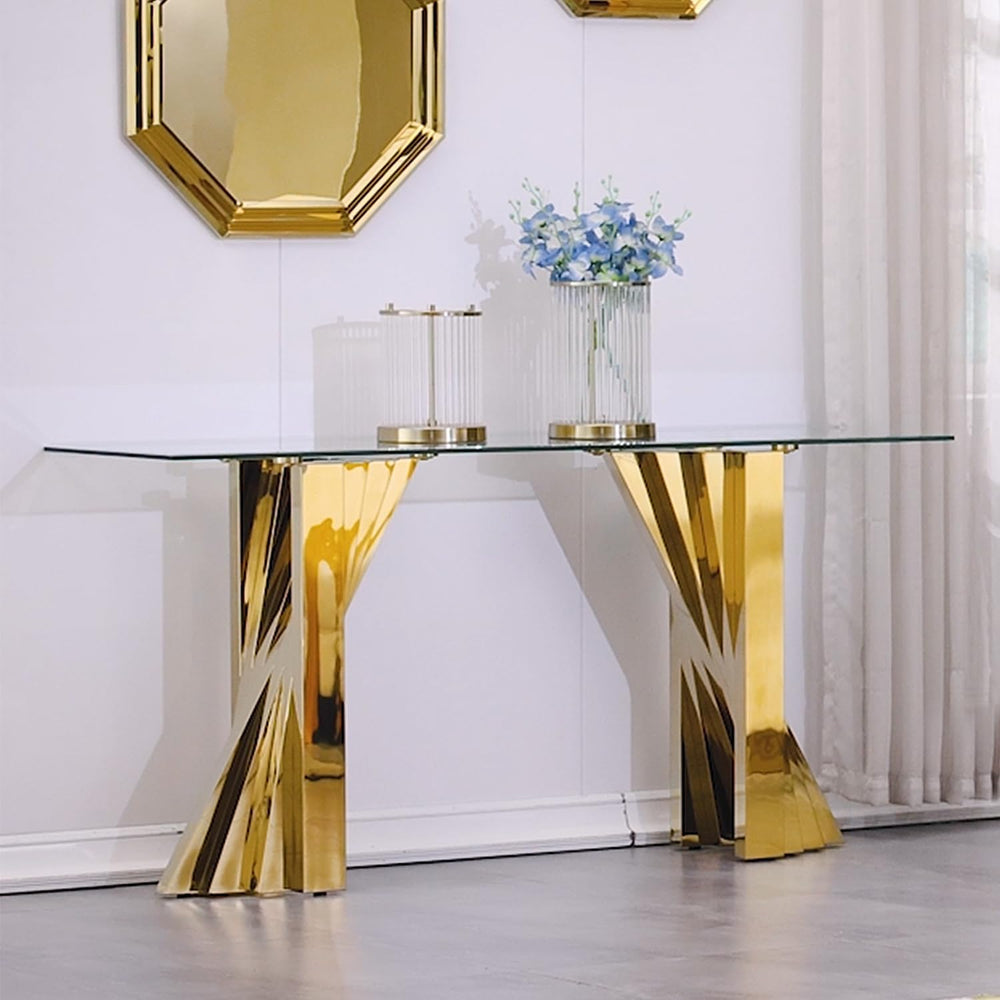60" Gold Console Table, Entryway Table with Clear Tempered Glass | Moder...