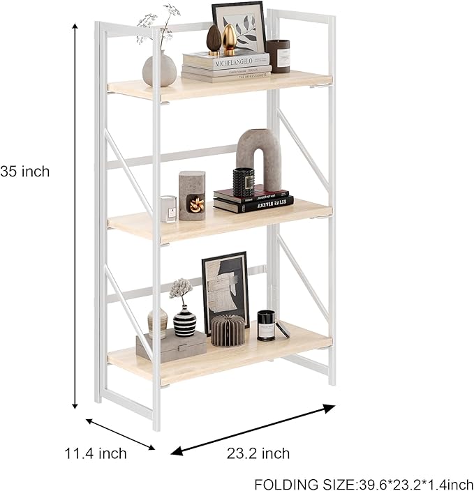 JSB No Assembly Folding Bookshelf, 3 Tier Industrial Metal Book Shelf for Sto...