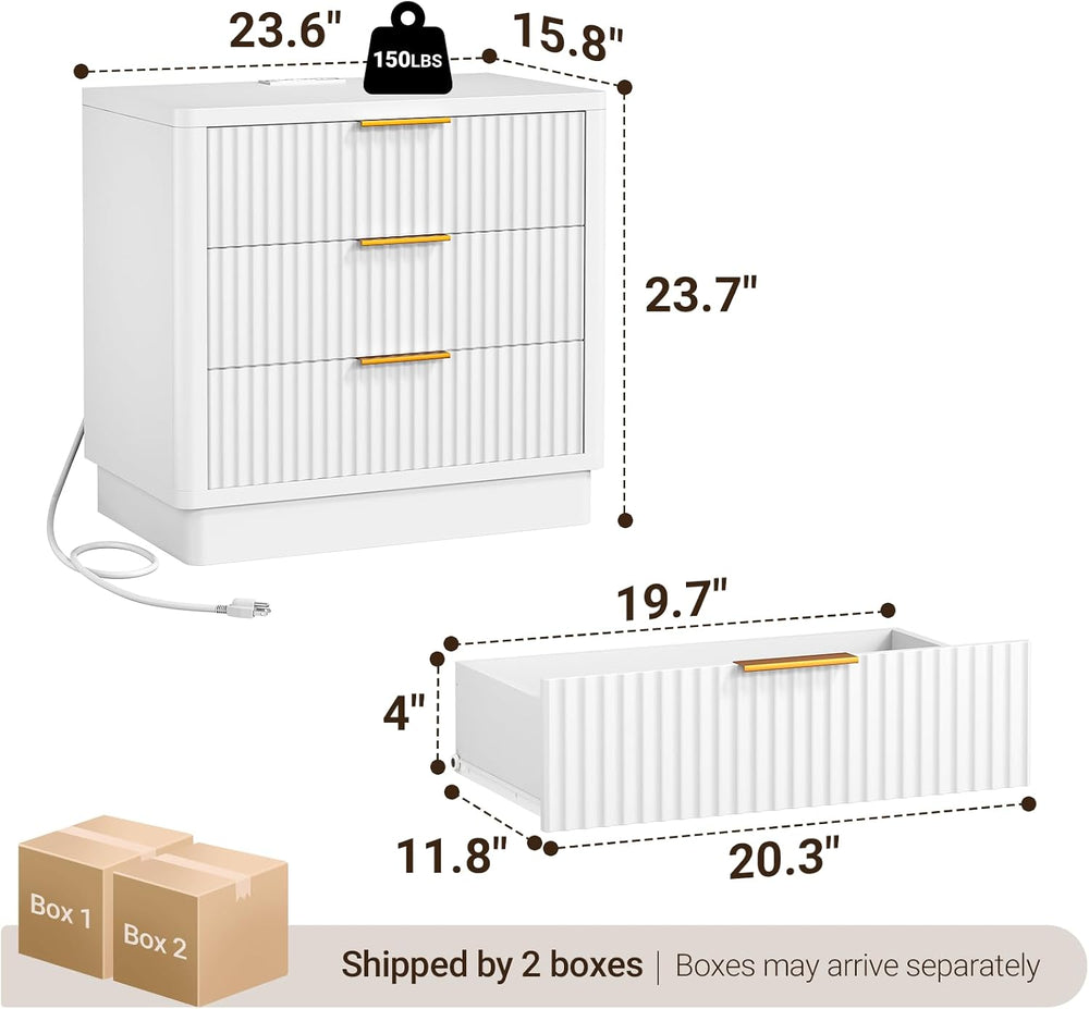 ELYKEN 24'' Nightstand Set of 2, Outlet & 3 Drawers, Fluted Bedsi...