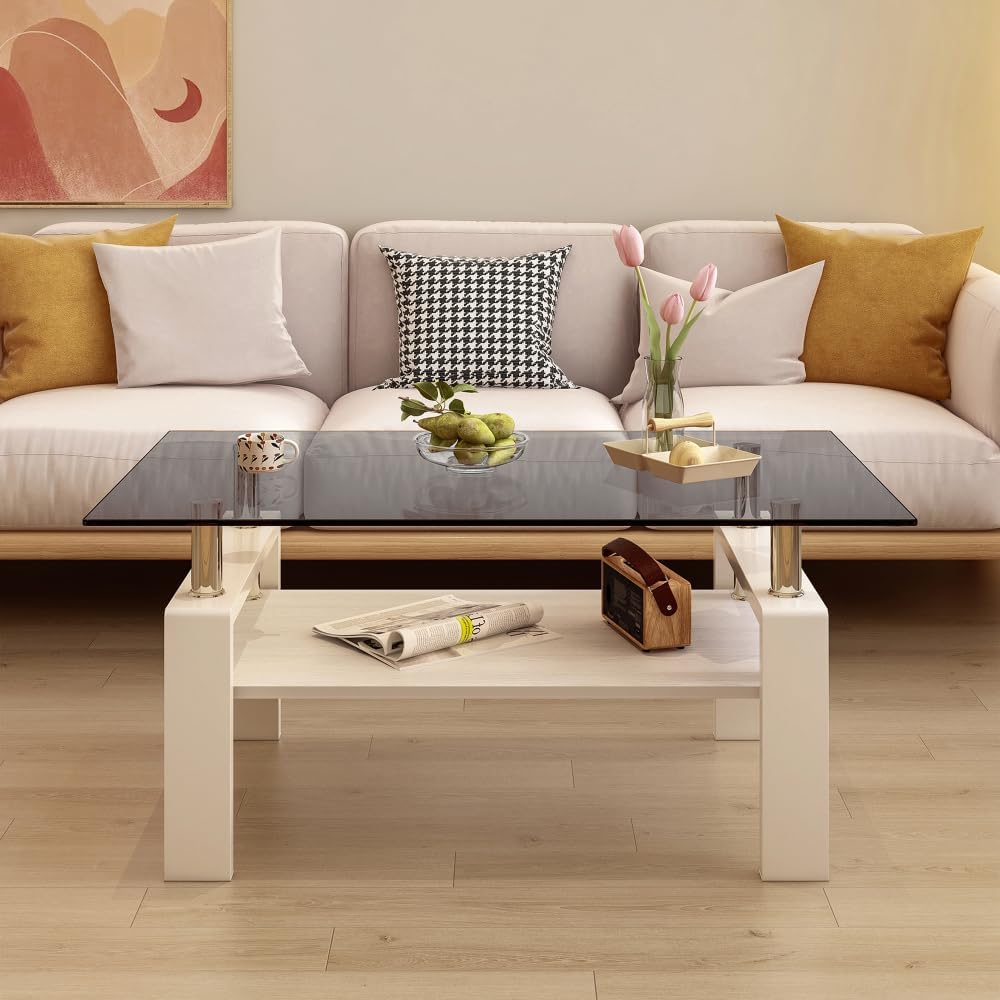 Rectangle Coffee Table, Tempered Glass Tabletop with MDF Layer, Modern Table ...