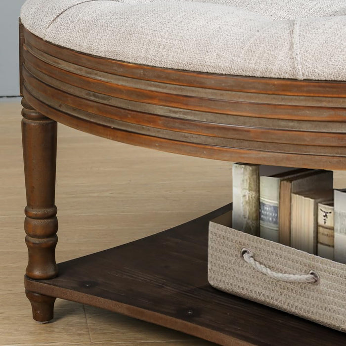 Large Round WaterProof Ottoman Coffee Table 2 Tier Oversized Button Tufted Ottoman with Wooden Shelf Storage Farmhouse Upholstered Coffee Table Living Room Footstool Ottoman Linen(Light Gray)