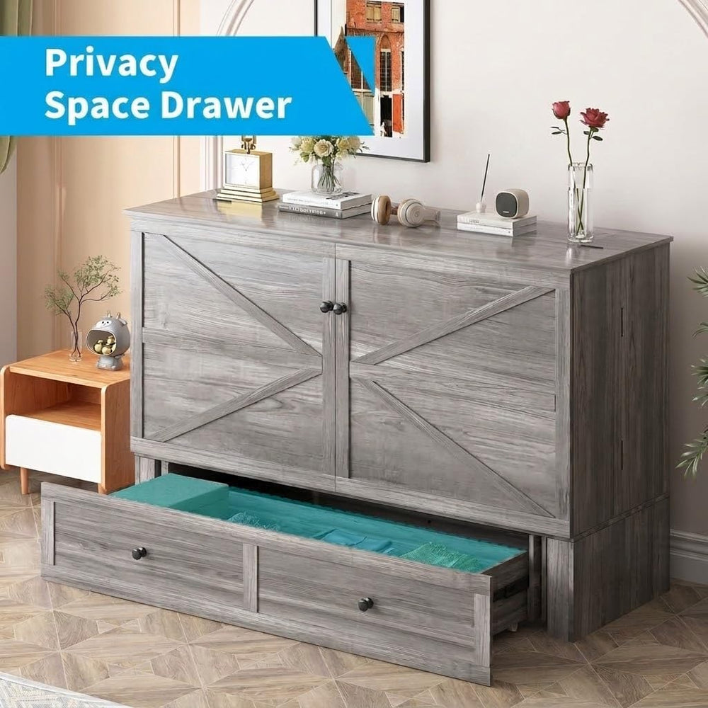 Mjkone Queen Size Murphy Bed with Tri-Folding Mattress, Farmhouse Murphy Cabi...