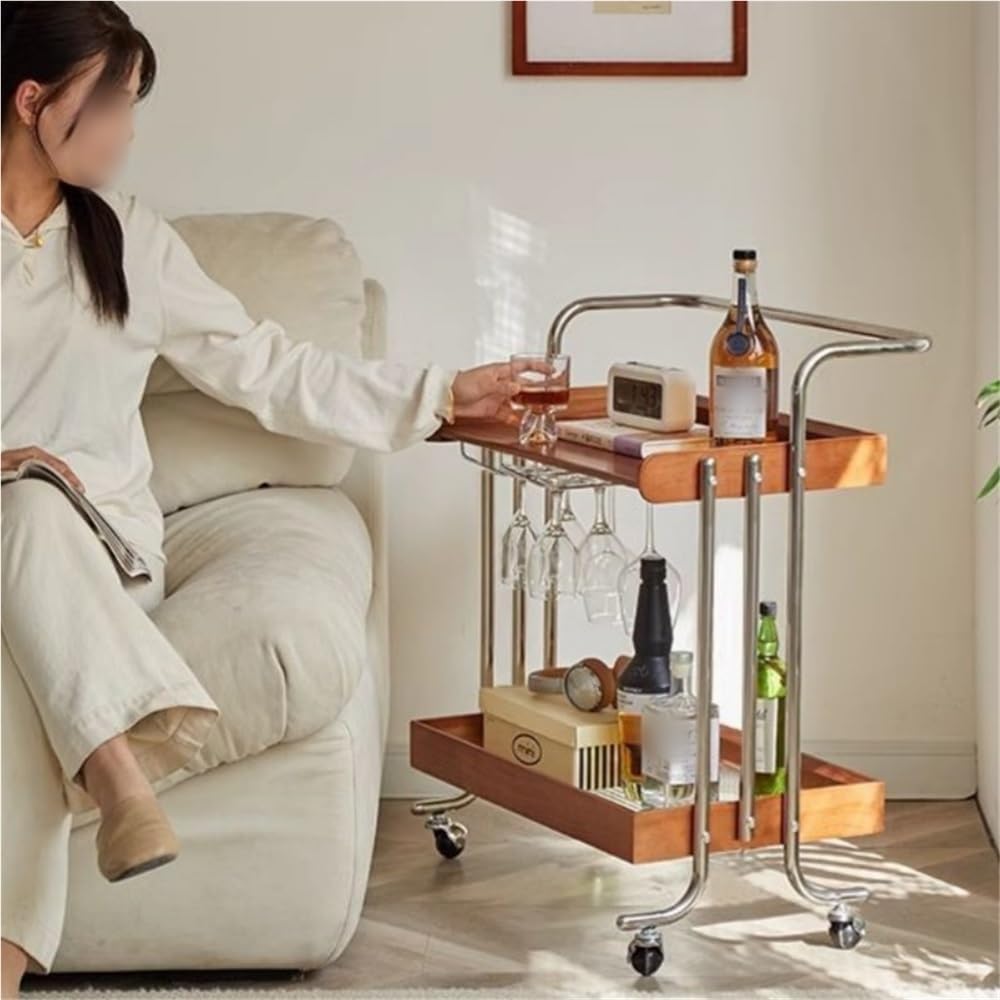 Double-Layer Bar Cart, Modern Bedside Cart with Handle, Side Table with Wheel...