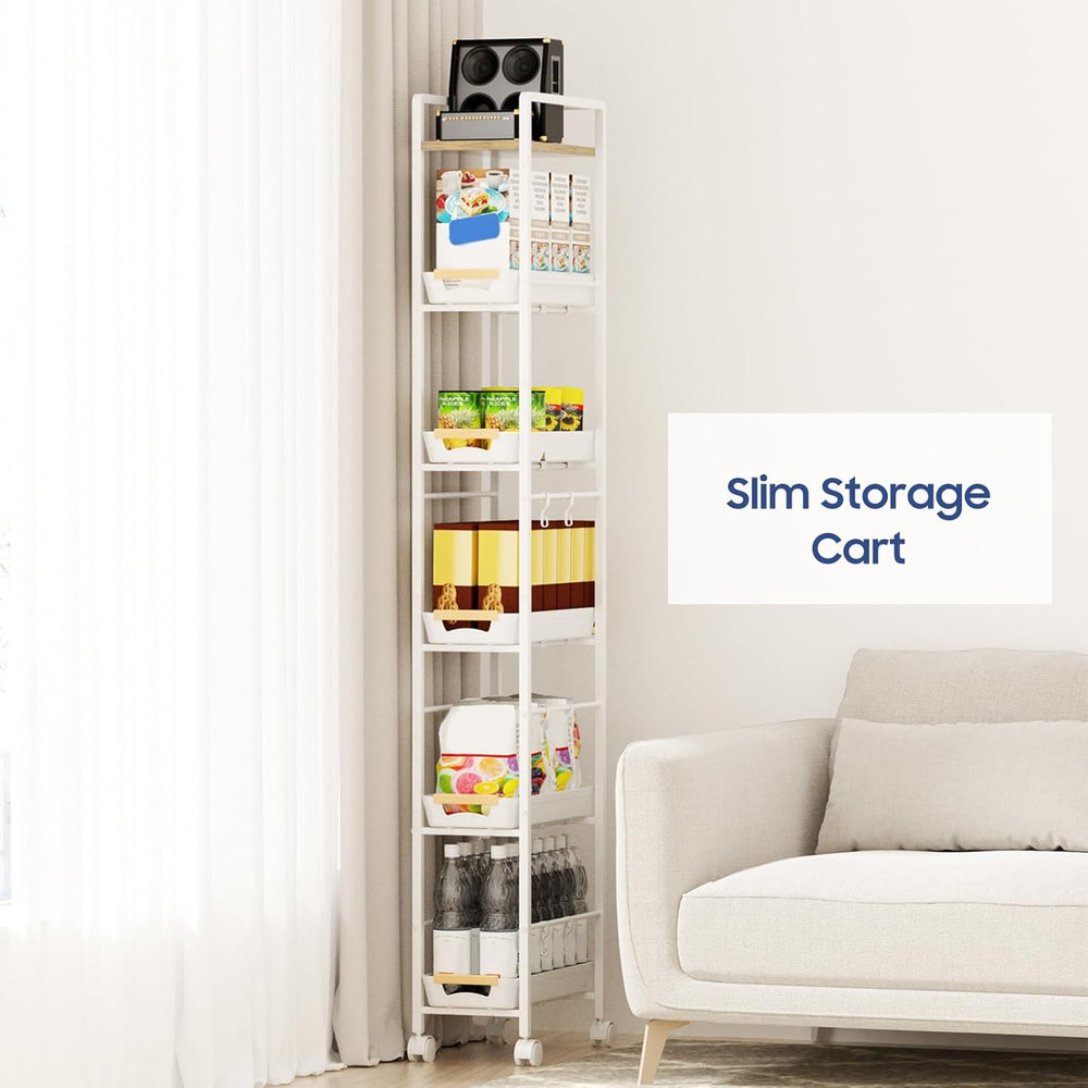6 Tier Slim Storage Cart with Pull-Out Baskets Rolling Cart with Wheels Wood ...