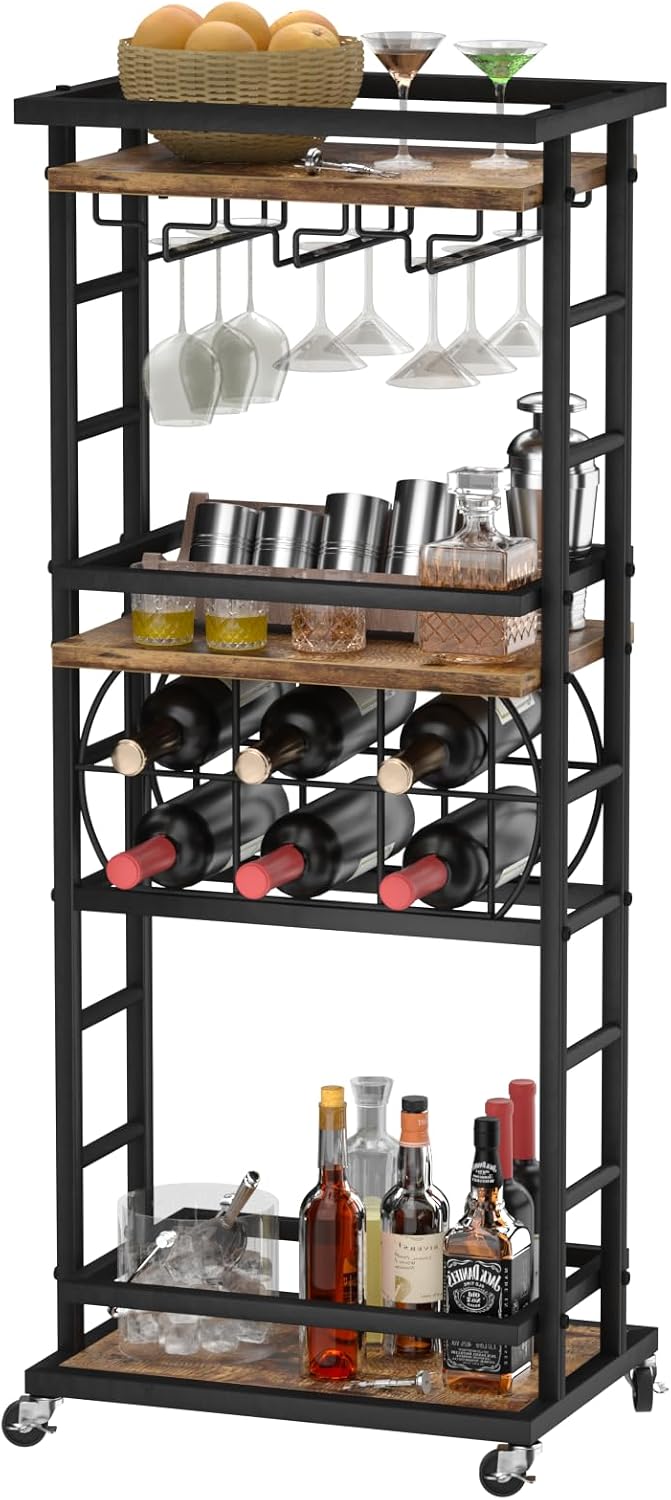 4 Tier Bar Cart for Home with Wheels,Home Bar Serving Cart, Rolling Mini Wine...