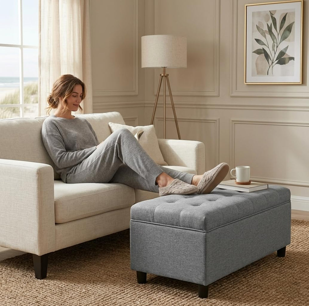 Linen Storage Ottoman Bench 35 inch with Hinged Lid - Multi-Functional Ottoma...