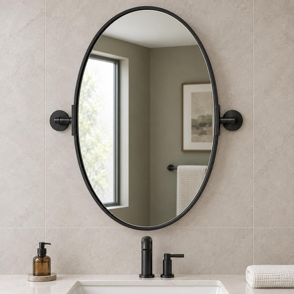Black Pivot Mirror, 24 x 36 Inch Oval Bathroom Mirror for Wall, Tilting Metal...